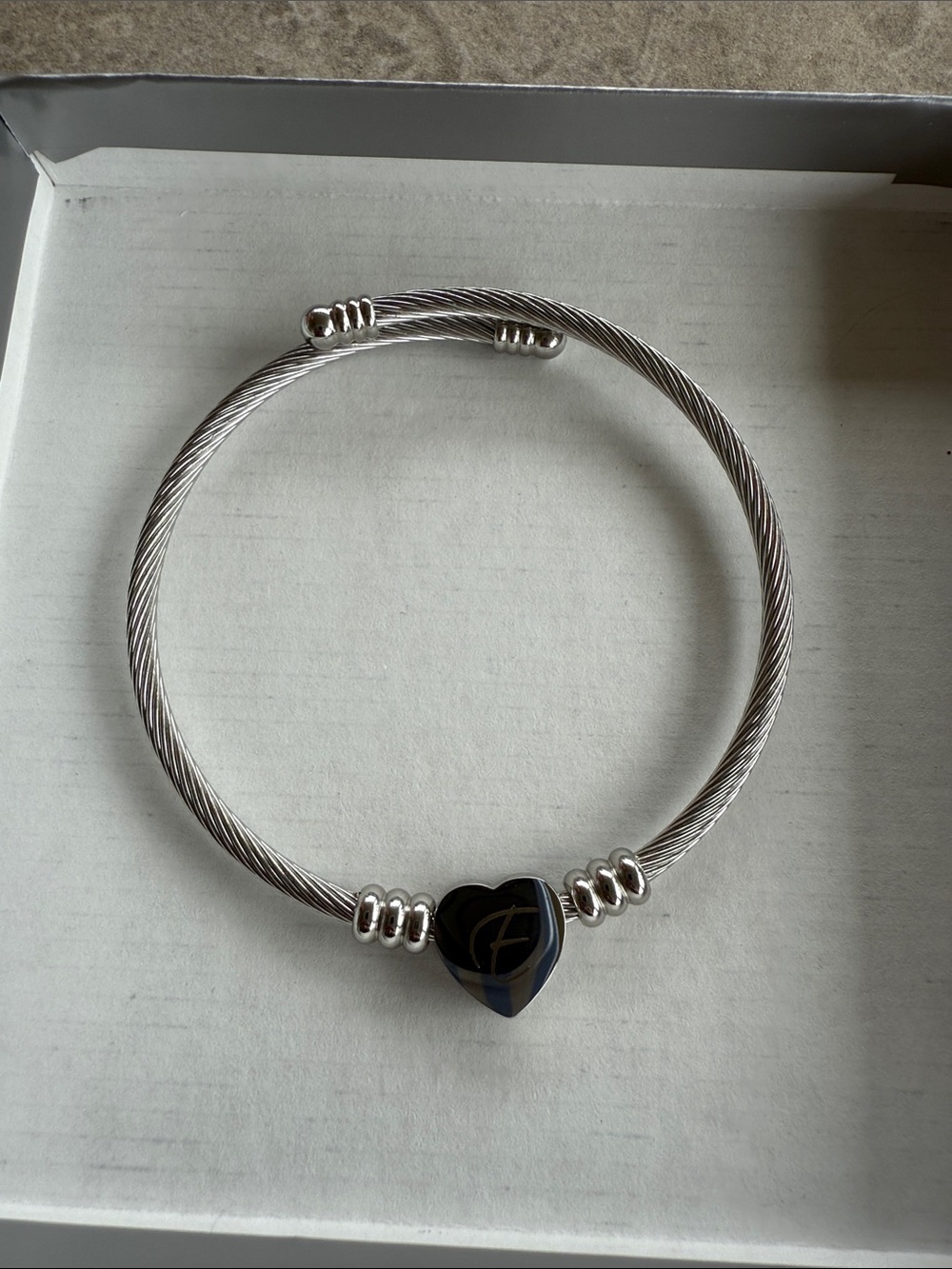 Silver Cable Bangle with Heart Accent “E” Personalized
